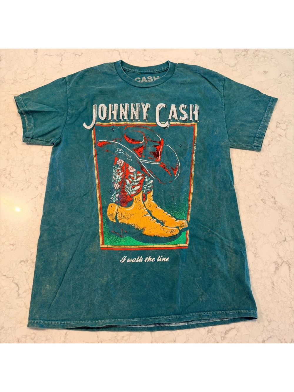 Johnny Cash "I Walk The Line" Graphic Tee - Distressed Mineral Wash Teal Medium